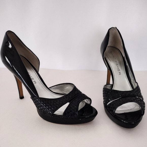 Marc Fisher Black Platform Open Toe Patent Leather Stiletto Pumps - Picture 1 of 16